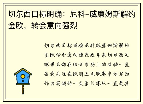 切尔西目标明确：尼科-威廉姆斯解约金欧，转会意向强烈