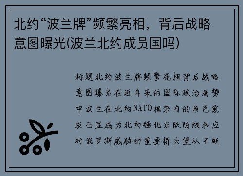 北约“波兰牌”频繁亮相，背后战略意图曝光(波兰北约成员国吗)